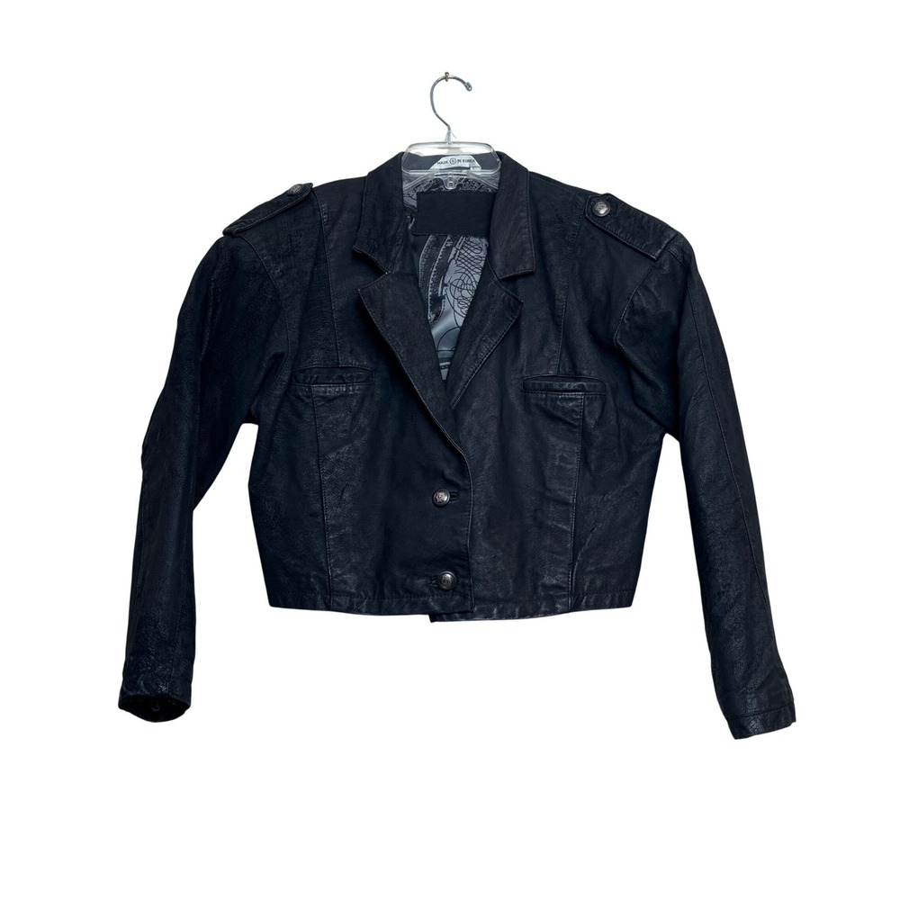 Vintage Leather Jacket Womens Small Black Cropped 80s Grunge Biker Moto Epaulets
